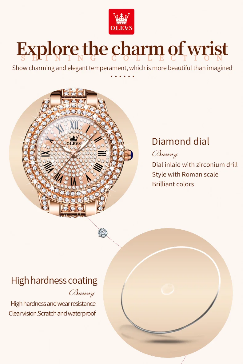 OLEVS Quartz Watch for Women Luxury Stainless Steel Diamond Roman Dial Waterproof Fashion Elegant Women's Wristwatch Reloj Mujer