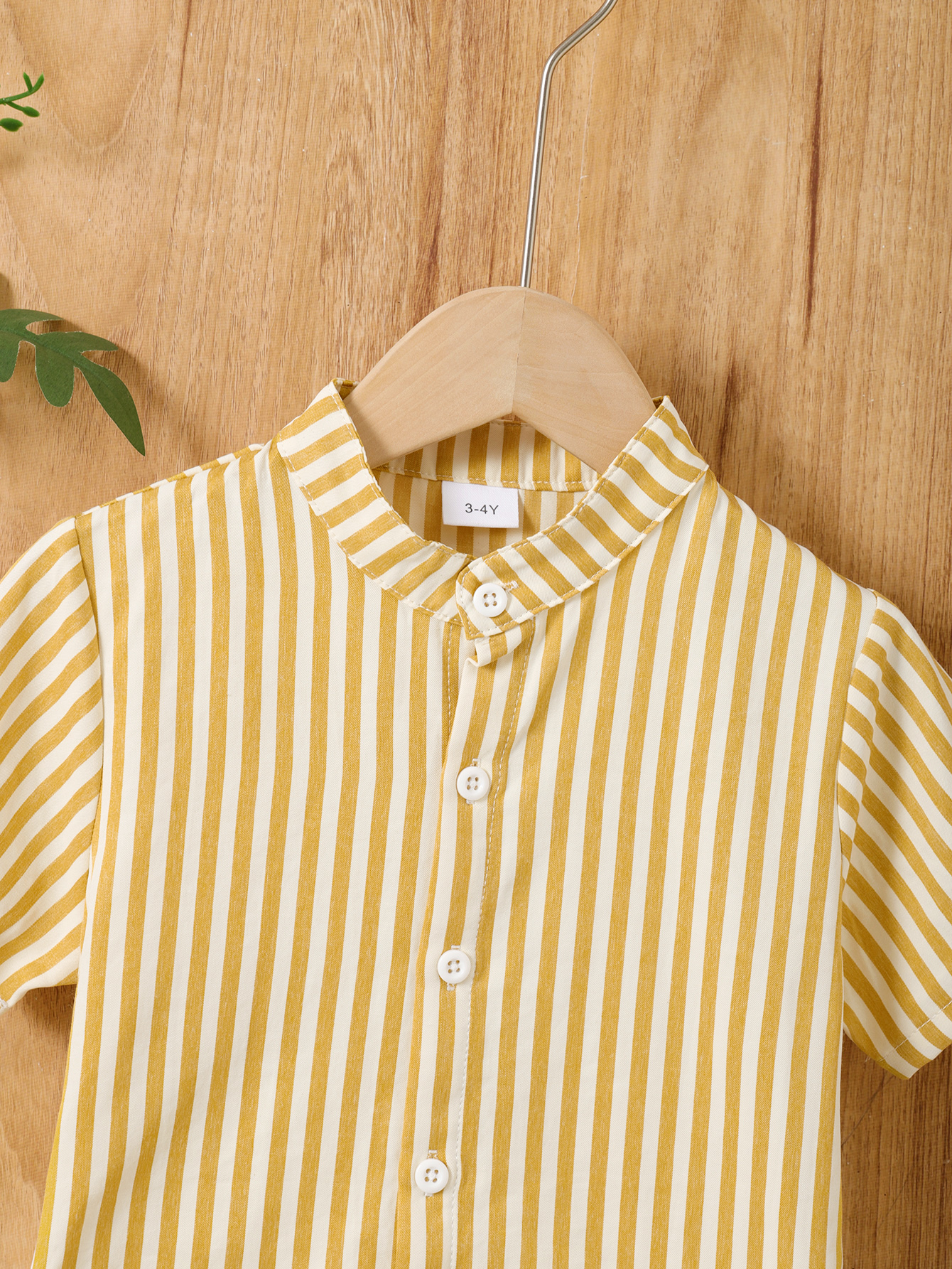 Young Boy Striped Stand Collar Short Sleeve Shirt And Shorts Set