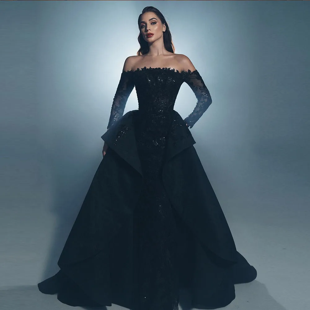 

Boat Neck Prom Gown Off the Shoulder Full Sleeves Lace Applique A-line Sweep Train Evening Party Dresses فساتين للحفلات الراقصة