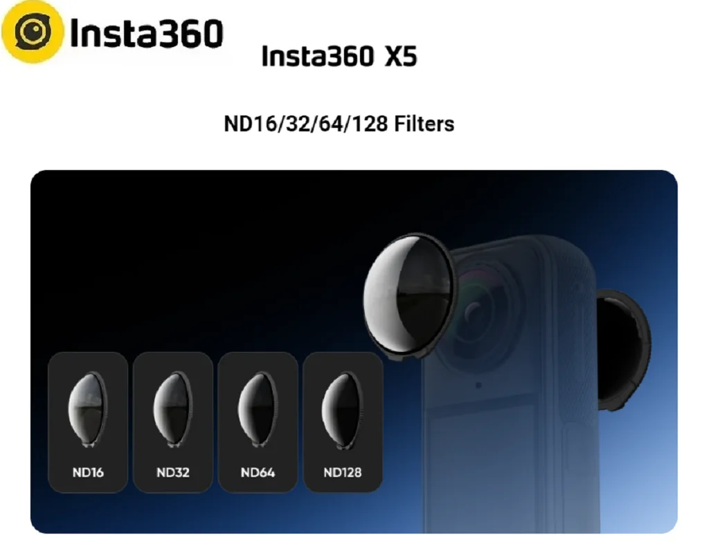 Ensemble de filtres ND X5 pour DJI Osmo Action 5 Pro, incluant ND16, ND32, ND64 et ND128, posés sur fond blanc.