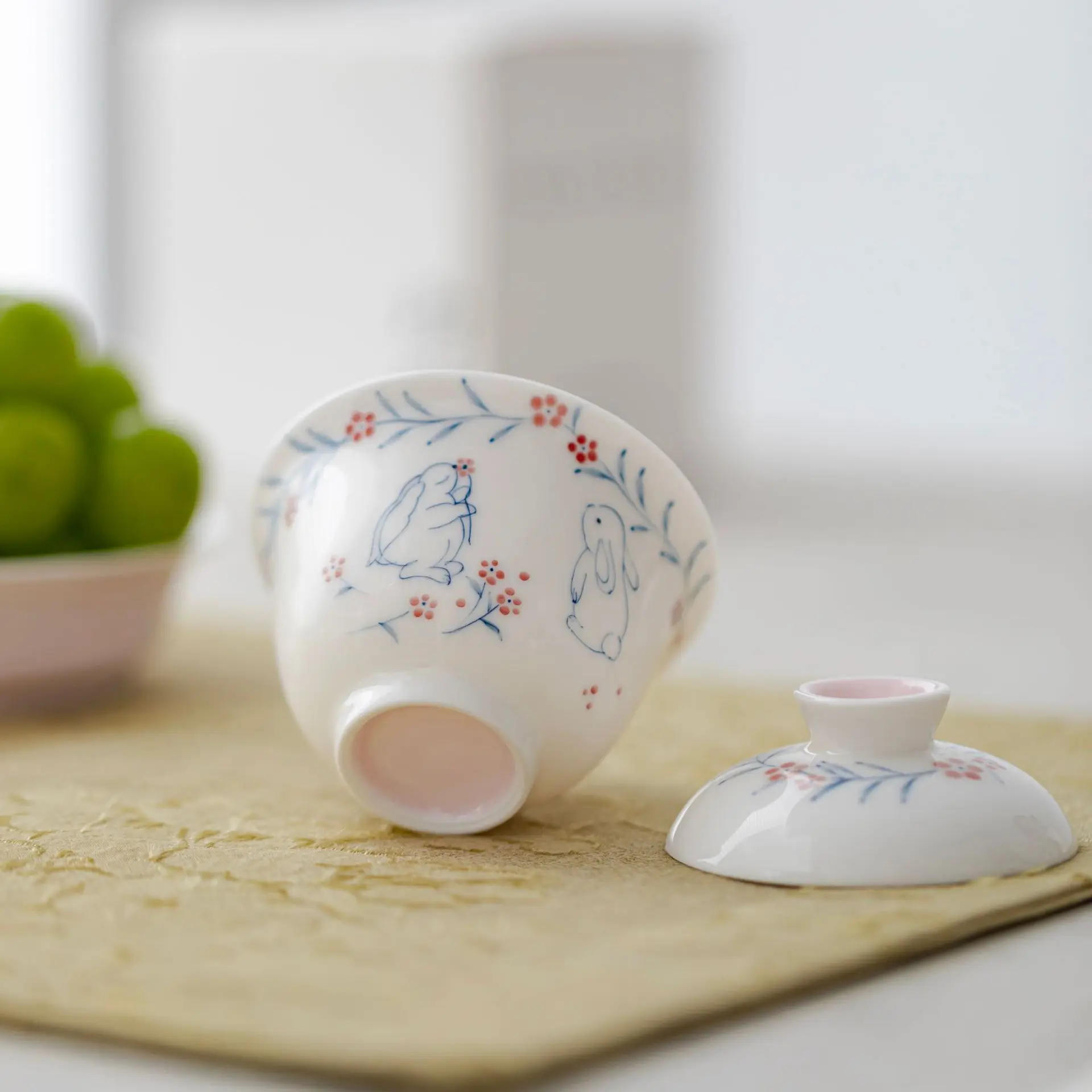 90ml Hand Painted Rabbit Gaiwan Set For Tea Chinese Small Tureen Pink Tea Bowl Kung Fu Chawan Cups Lily Deng's Store