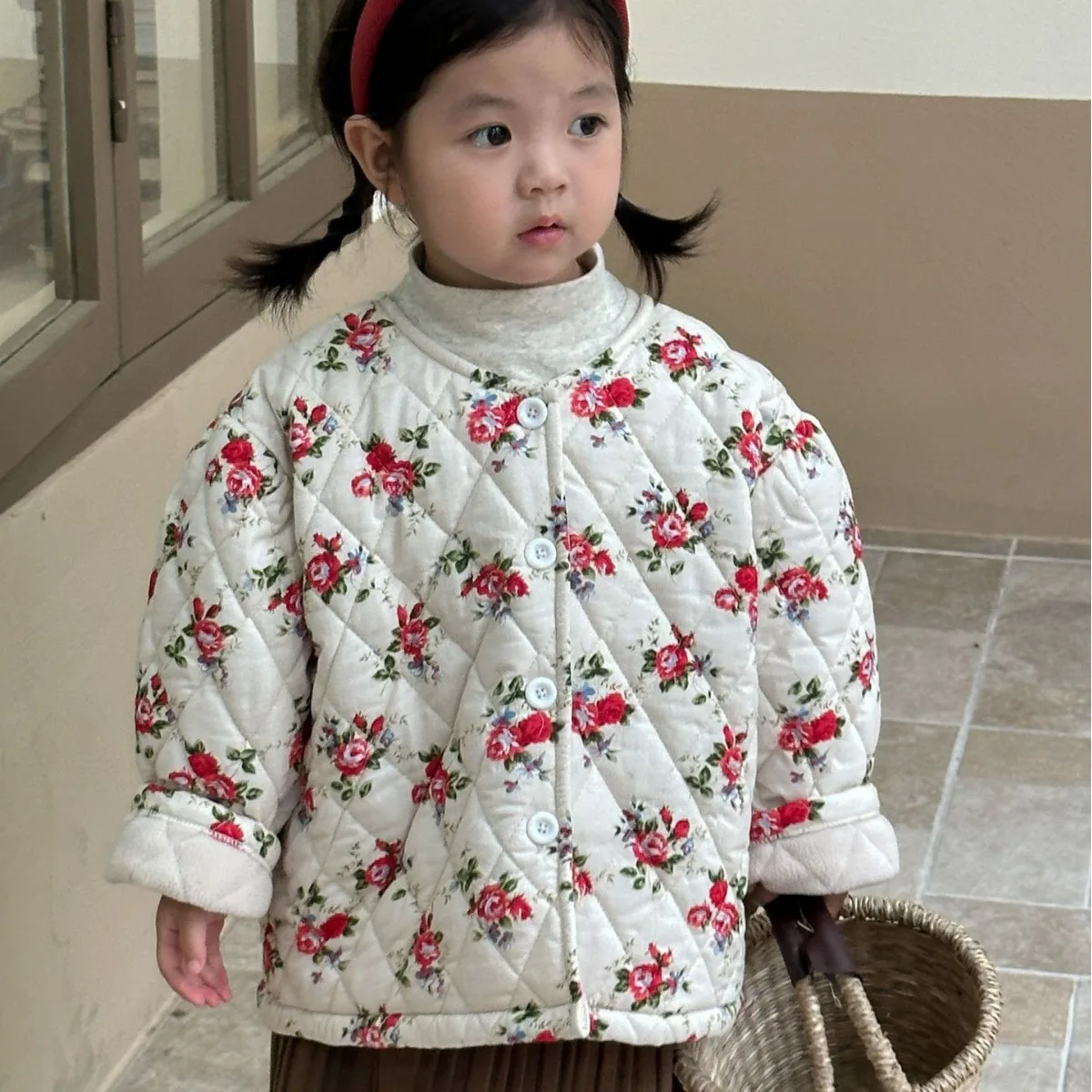 

Autumn Winter Children's Cotton Liner Baby Girls Rose Print Velvet Cotton-padded Coat Kids Quilted Cotton Jacket Outerwear