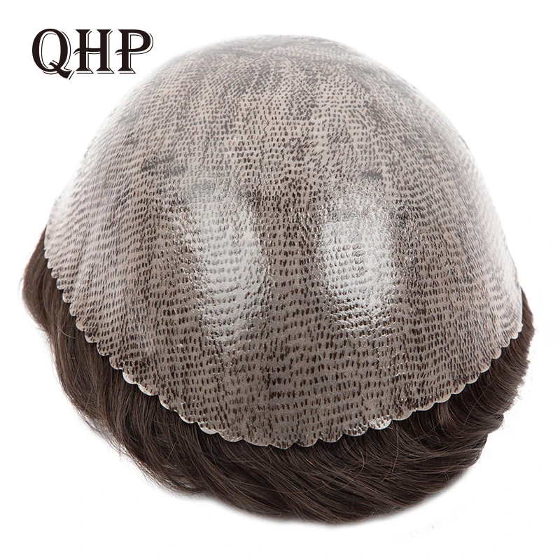 QHP Toupee Men Wig Handmade Replacement Systems PU Silicone Transparent Thin Skin Man wigs Indian Natural Remy Hair 6inch