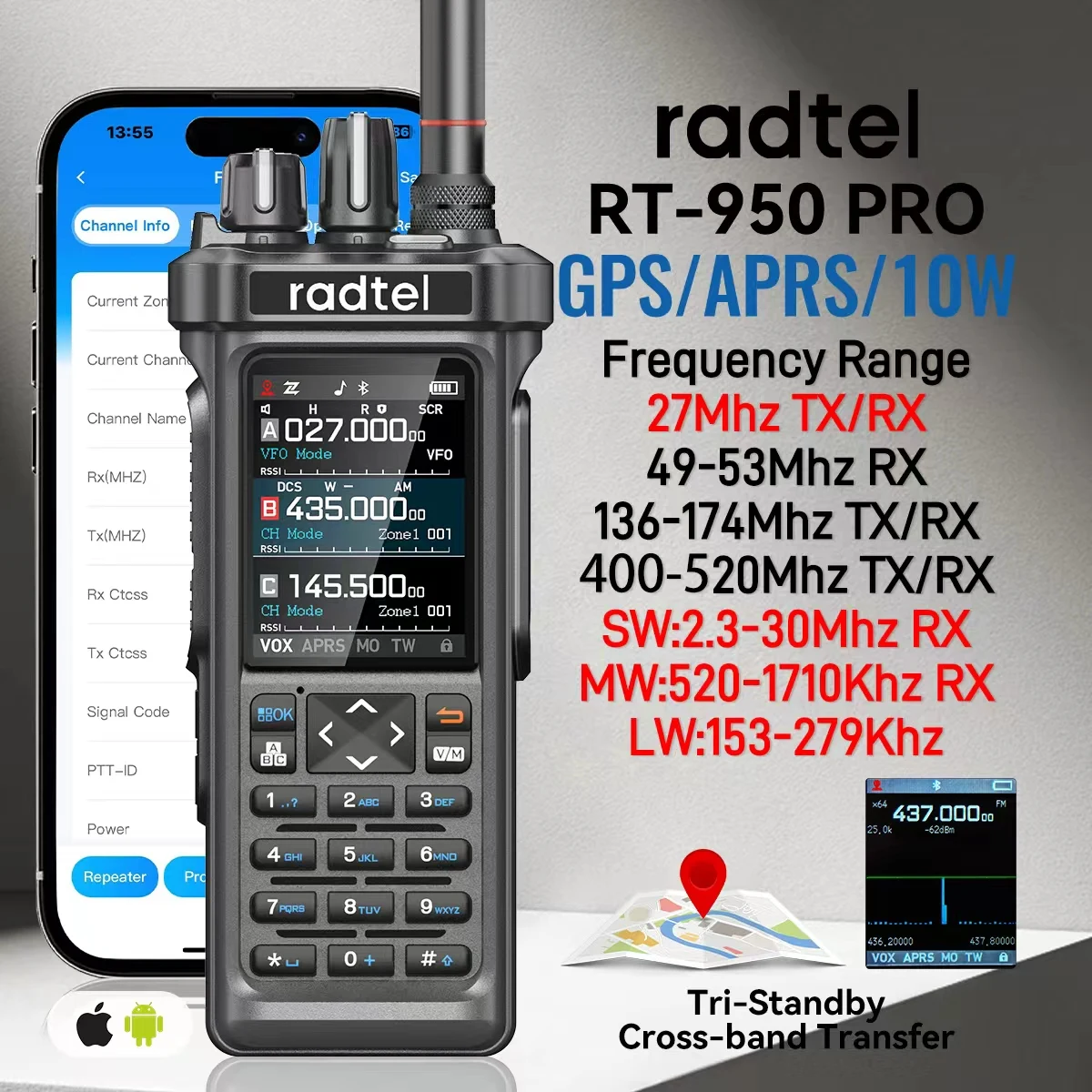 Radtel RT-950 PRO talkie-walkie AM/FM/CB/LSB/USB/CW récepteur avec GPS APRS 10W Bluetooth programmation téléphonique Radio amateur RT-950PRO