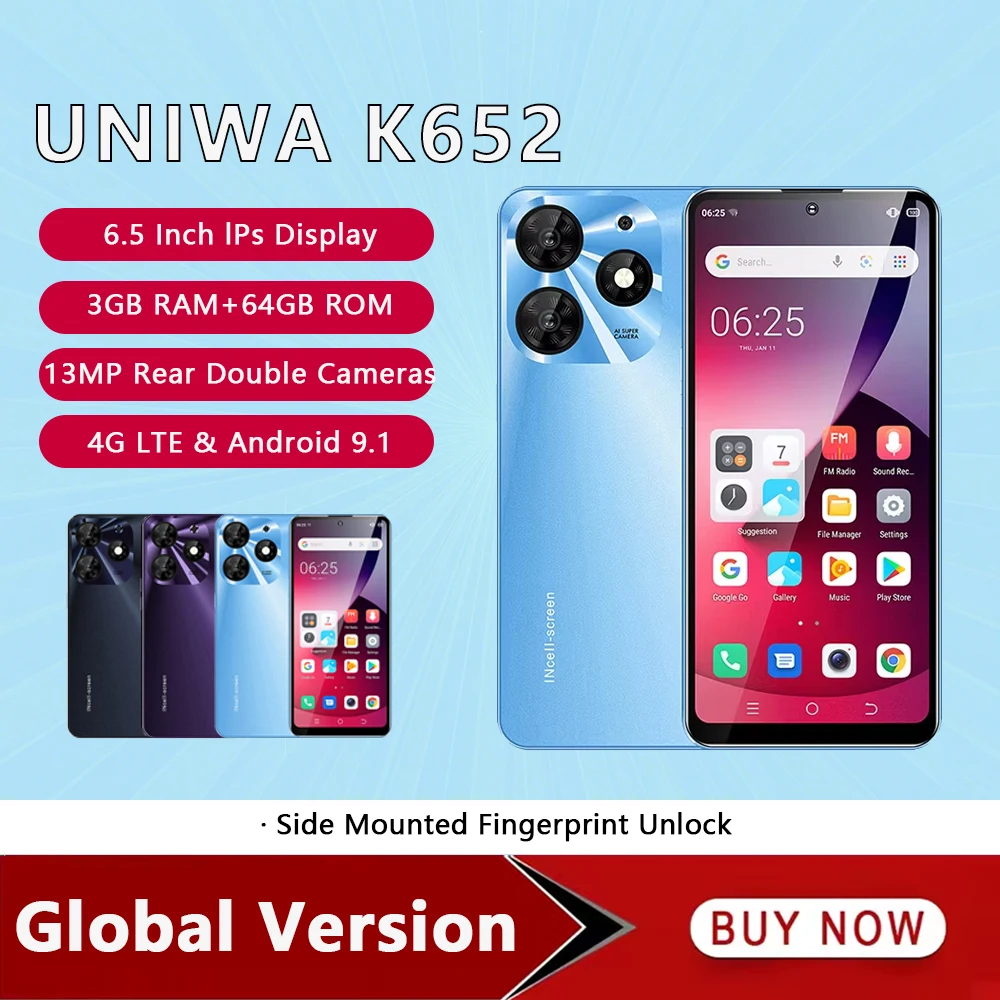 Global Version UNIWA K652 Ultra-Thin Smartphone 6.53 Inch Quad Core 3GB+64GB Mobile Phone Android 9.1 3250mAh 13MP 4G Cell Phone