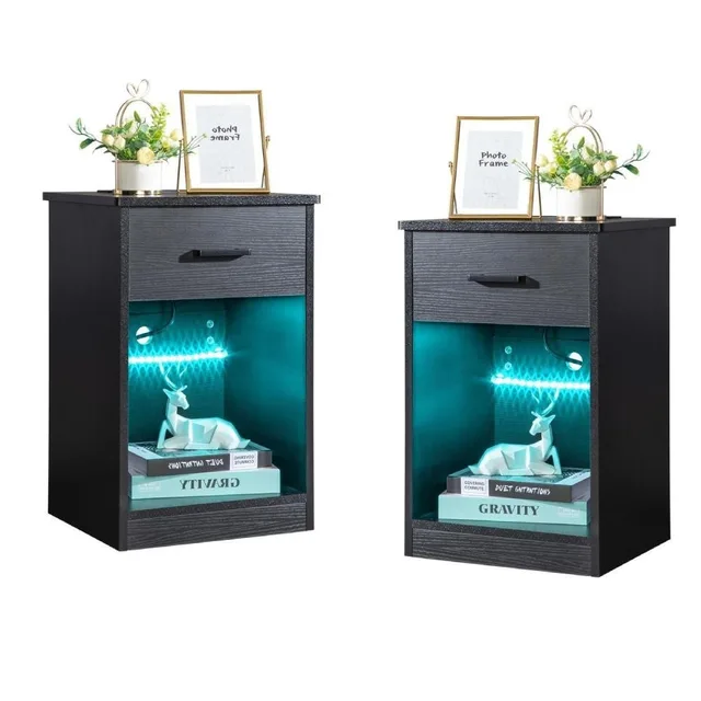 Set Of 2 Nightstand End Table with Charging Station&LED Lights Bedside Table