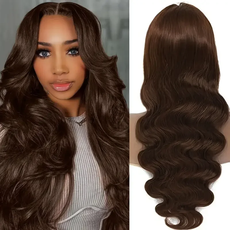 250% Density 13X4 Body Wave Transparent Lace Front Wigs Human Hair Chocolate Brown Color Pre Plucked Transparent Lace Wigs