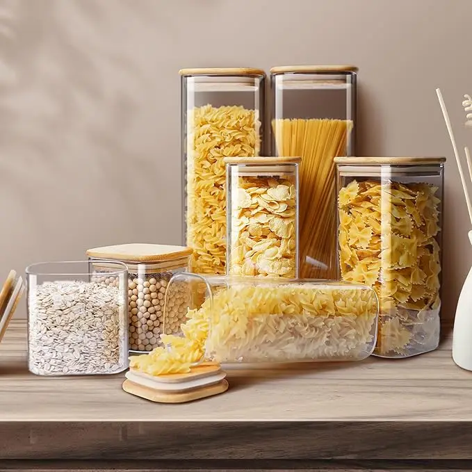 5-Piece Square Glass Canister Set - Bamboo Airtight Lids for Pasta/Cereal/Flour (Multi-Size Pantry Storage) 5