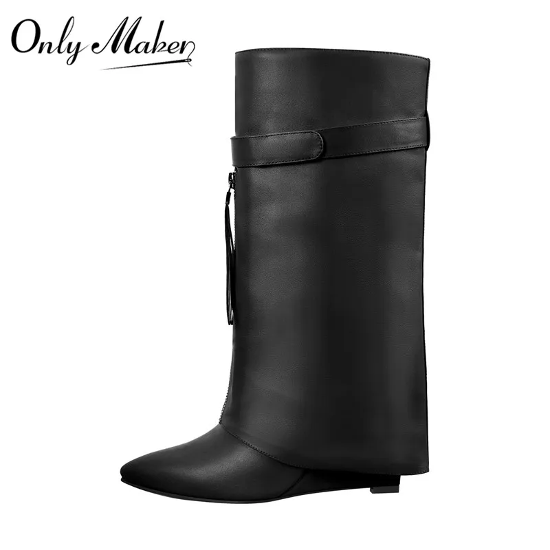 

Onlymaker Knee High Boots Women Pointed Toe Black Red Wedge Heel Fold Over Matte Boots Winter Fashion Big Size Handmade Modern