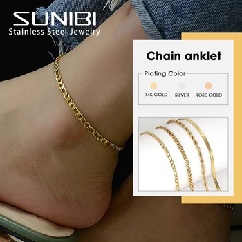 Sunibibi 스테인레스 스틸 피가로 링크 체인 발찌 여성용 다리 쿠바 발목 힙합 래퍼 발 보석, 도매/드롭 배송