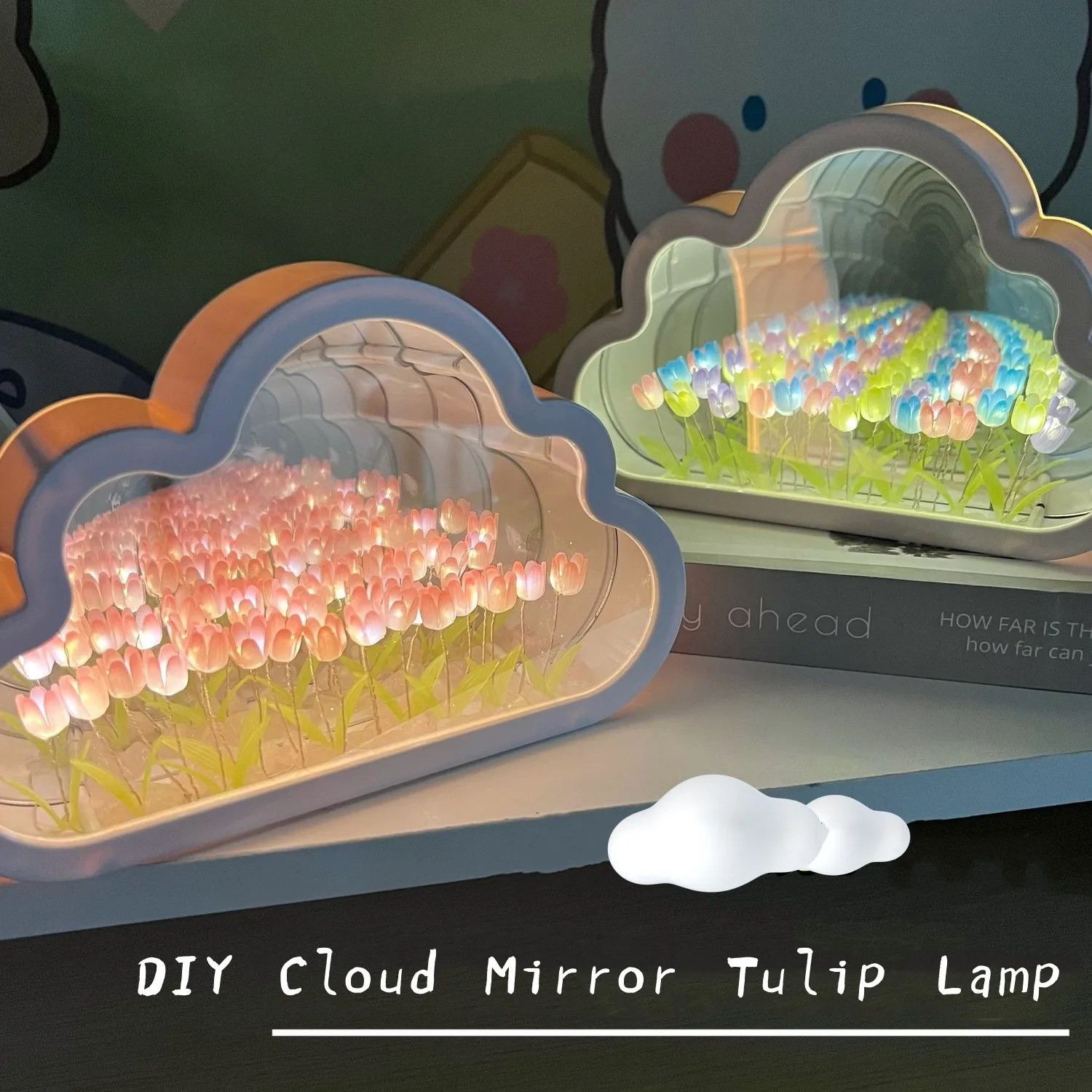 

DIY Cloud Mirror Tulip Lamp Simulation Flower Bedroom Sleeping Table Lamp Handmade Craft Tulips Mirror Night Light Birthday Gift