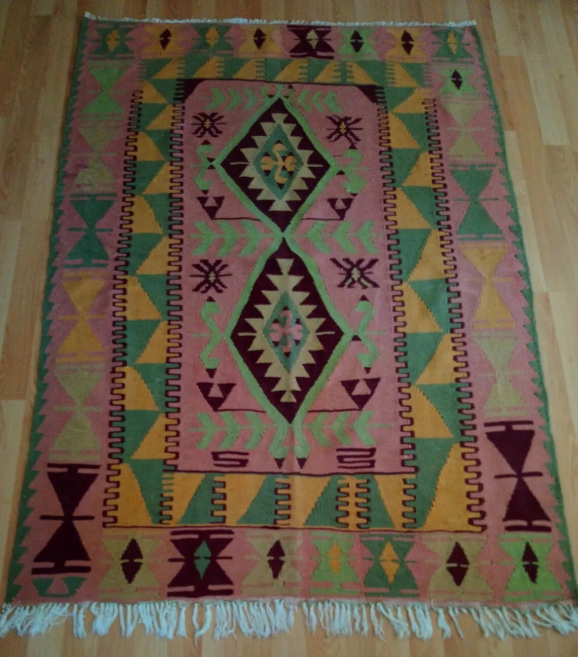 

Turkish Handmade Vintage Kilim Rug, Hand-knotted Burnt rose and Pistachio Green Kilim Rug, Handwoven Pastel Colors Kilim Rug