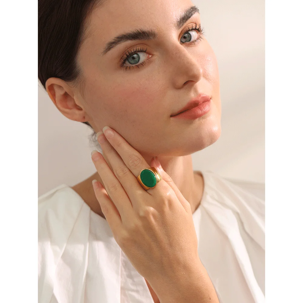 Yhpup PVD Plated Stone Stainless Steel Gold Color Wide Ring
