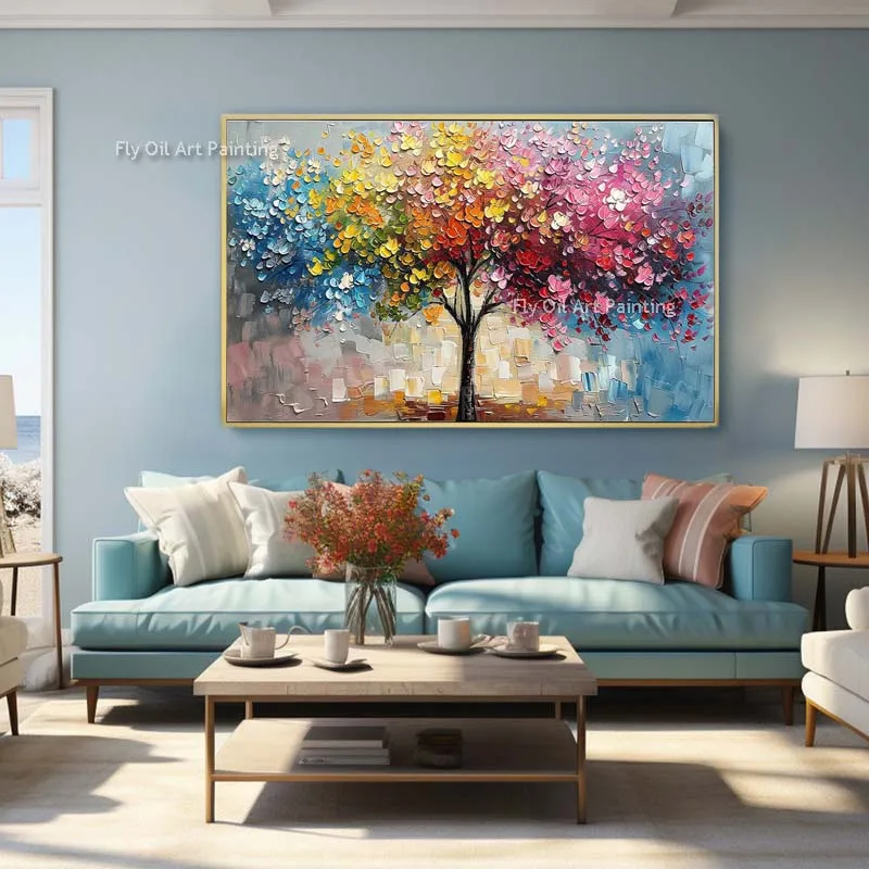 

Colorful Tree Flowers Oil Painting On Canvas Handmade Abstract Blue Yellow Pink Orange Tree Wall Decor Modern Tree Landscape Art