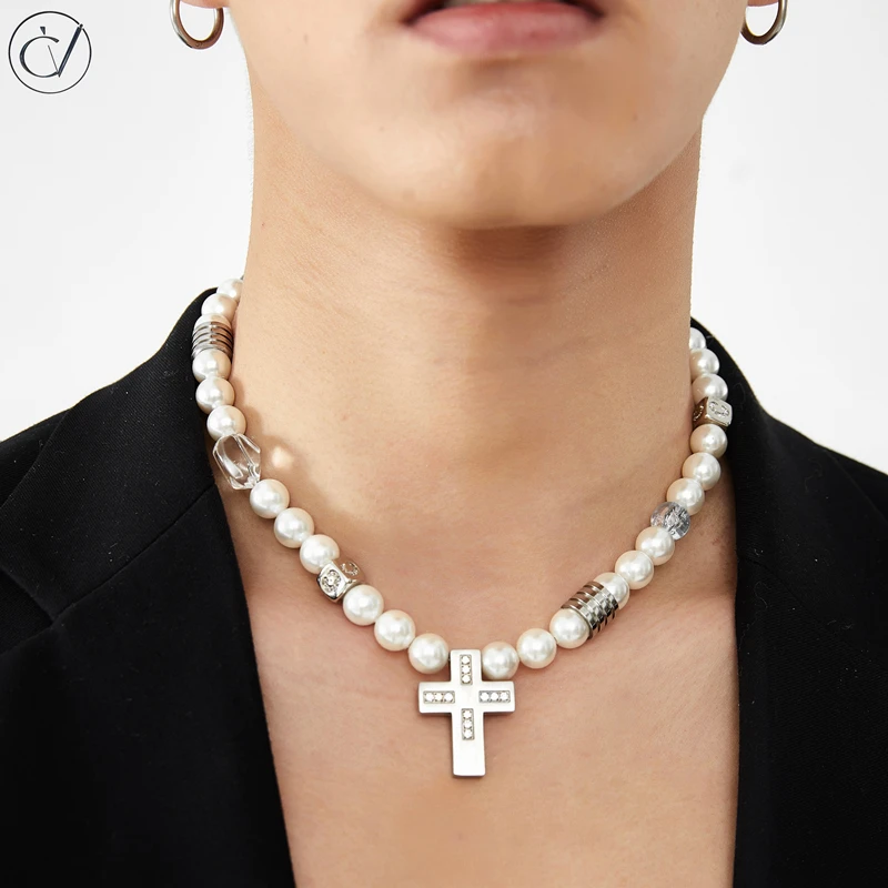 

EDY 2022 New Punk Hip Hop Stainless Steel Cross Pendant Baroque Shell Pearl Cool Necklace For Women Men Girls Party Jewelry Gift