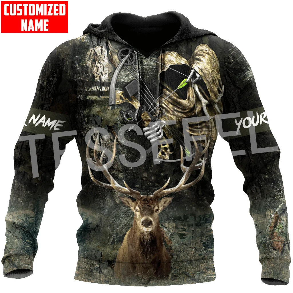 Custom Name Deer Hunting Animal Bow Hunter Camo Cosplay Tattoo Retro Tracksuit 3DPrint Harajuku Casual Pullover Jacket Hoodies V