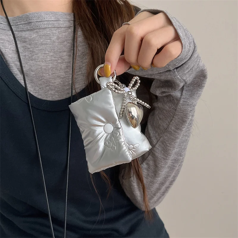 Korean Cute Bow Soft Puffer Down Earphone Bag with Chain