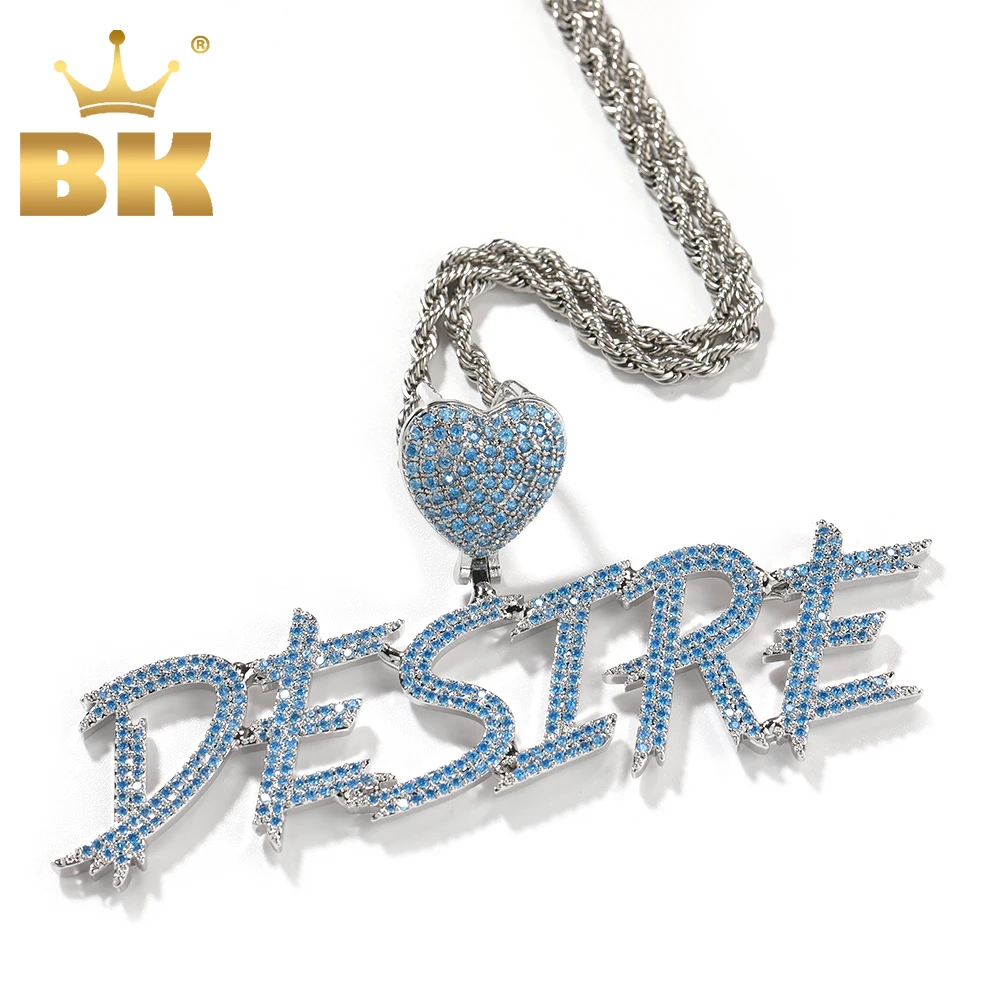 THE BLING KING Custom Baby Blue Brush Font Initial Letter Heart Pendant Iced Out 2 Rows Bling CZ Name Necklace Hiphop Jewelry