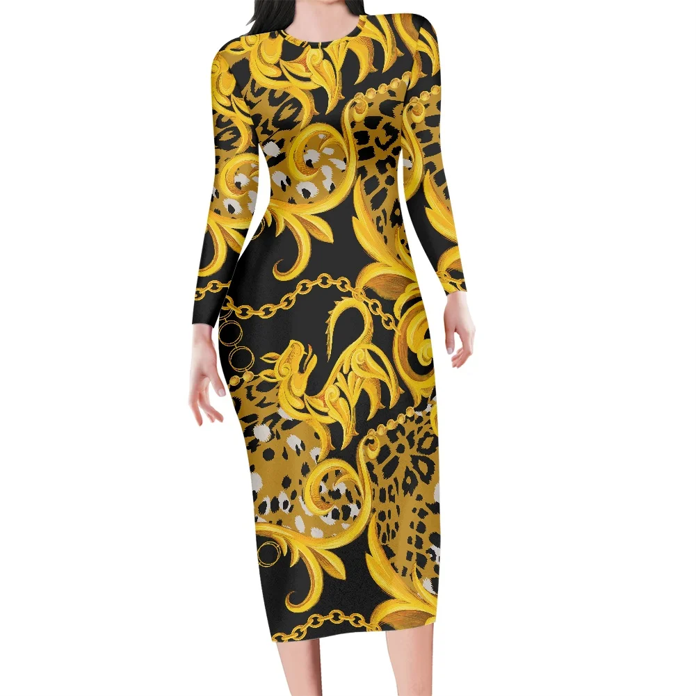 

Custom Made Leopard and Gold Sublimation Print Women New Long Sleeved Tight-fitting Hip Wrap Bohemia Dress Dropshipping