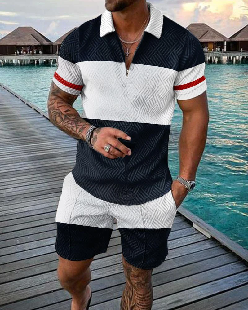 2022 Polo Shirt Lapel Zip T-Shirt Plus Shorts Solid Color Retro Casual Men's Slim Fit Cotton Material S-6XL Short Sleeve Suit