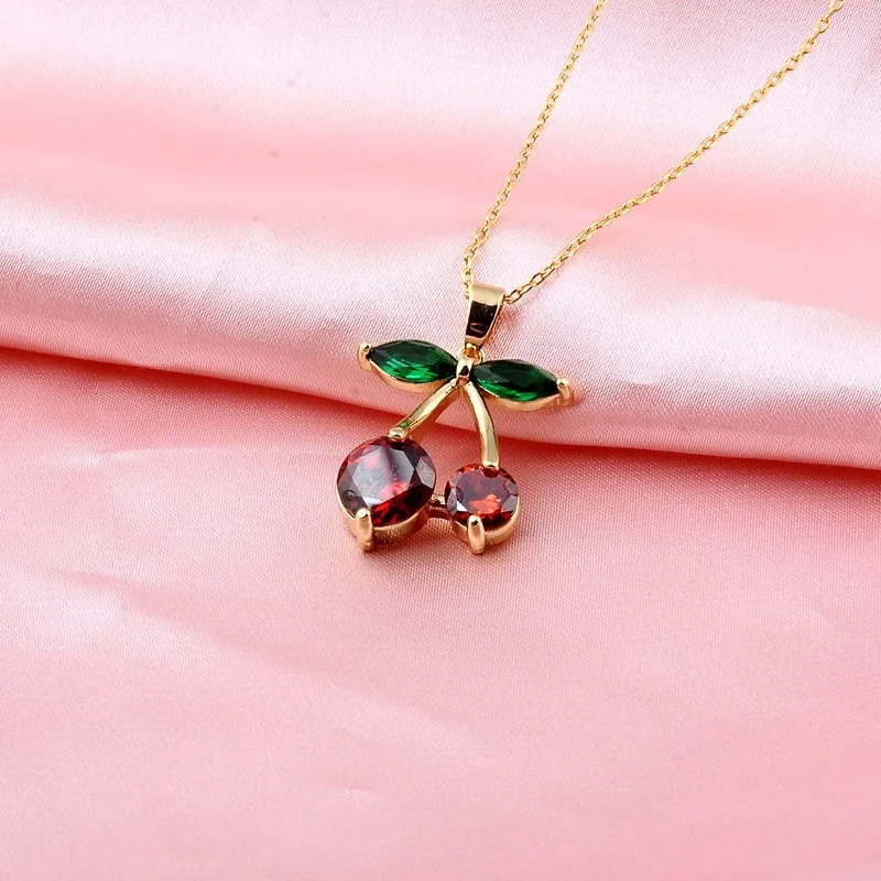 Cherry Pendant Necklace With Red Zircon And Elegant Korean Style_voghion.com