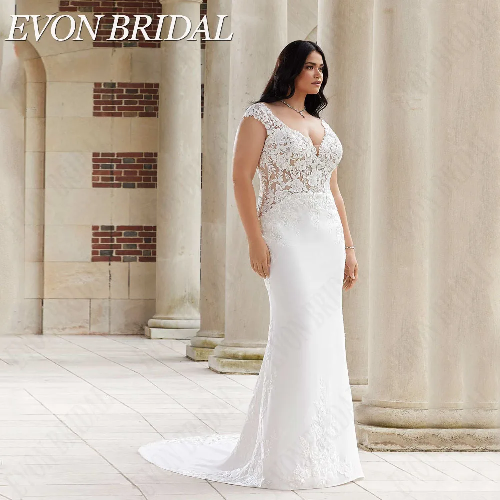EVON BRIDAL Plus Size Wedding Dress for Big Women V-Neck Mermaid Applique Bridal Gown Button Cap Sleeves Vestido De Noiva 3