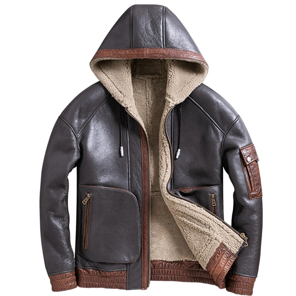 Denny&Dora Mens Shearling Motorcycle Jacket - B3 Bomber Jacket, Short Fur Brown Leather Coat