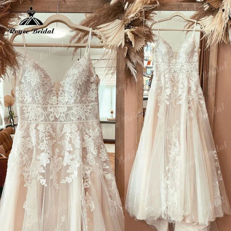 2025, böhmisches Hochzeitskleid, Spaghettiträger, Spitze, Applikation, A-Linie, Boho-Brautkleid, maßgeschneidert, für Boda Playa