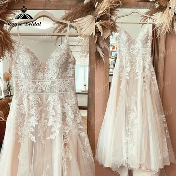 2025 Abiti Abito da sposa bohemien Senza spalline Applique in pizzo Una linea Boho Abito da sposa Personalizzato vestido para boda playa