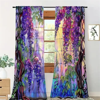 2Pcs Dreamy Wisteria Curtains Stained Glass Pattern Living Room Bedroom Balcony Sunshade Art Garden Style Decor Curtains 2