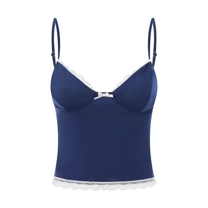 y2k Lace Trim Crop Top Women Summer Sexy V Neck Spaghetti Strap Sleeveless Tanks with Bow 2000s Clothing Streetwear
