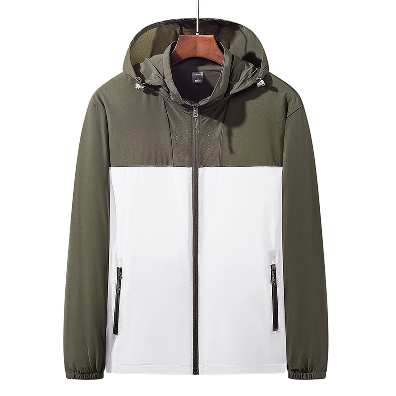 New Coat Men  Skin Clothes Elasticity Anti-UV Breathable Removable hat  Light Thin Splice Men summer Windbreaker