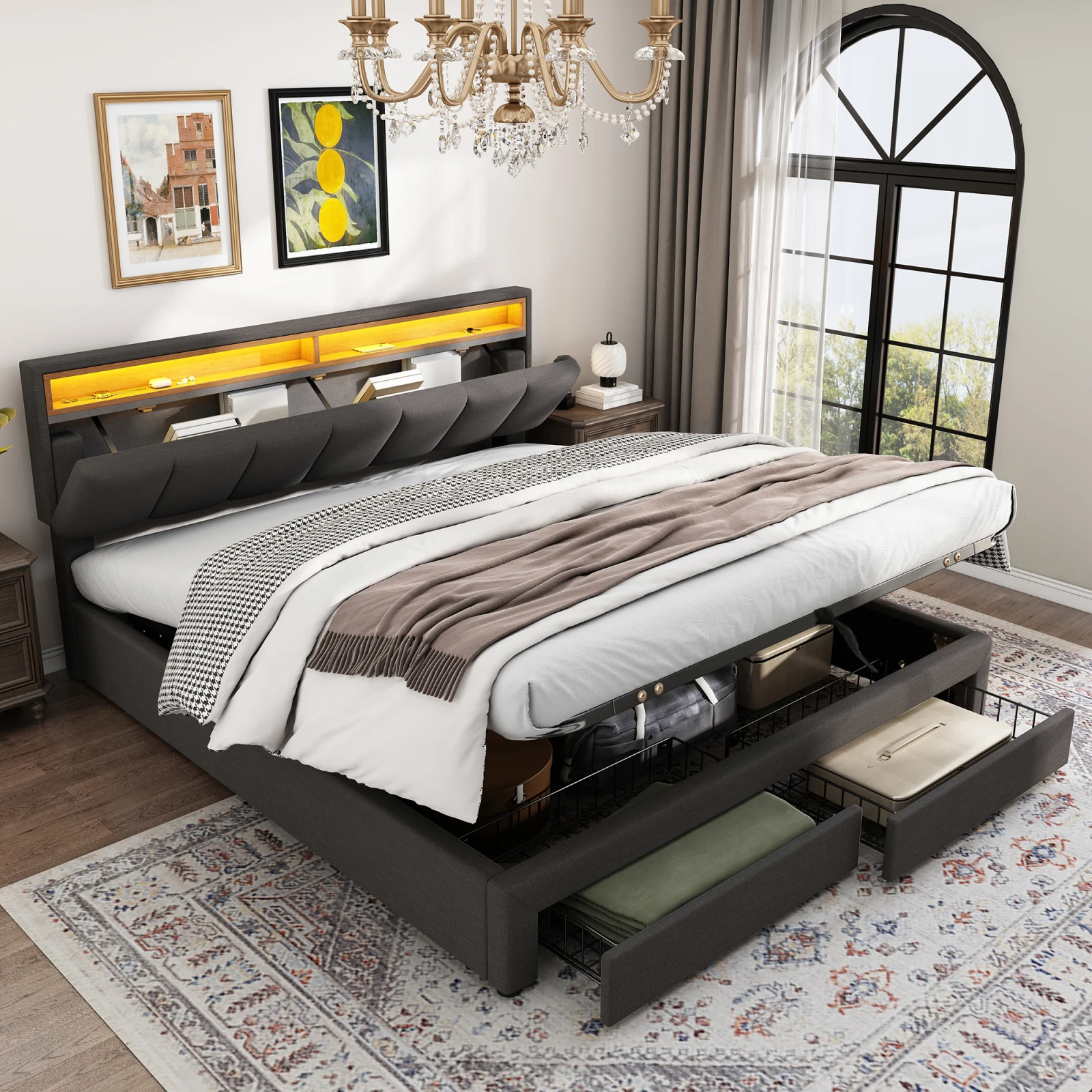 Anajqaqia 180X200 cm, Doppelbett mit zwei Schubladen, Erwachsenenbett mit LED-Beleuchtung, hydraulisches Bett mit Stauraum, Leinengrau – Detail 7