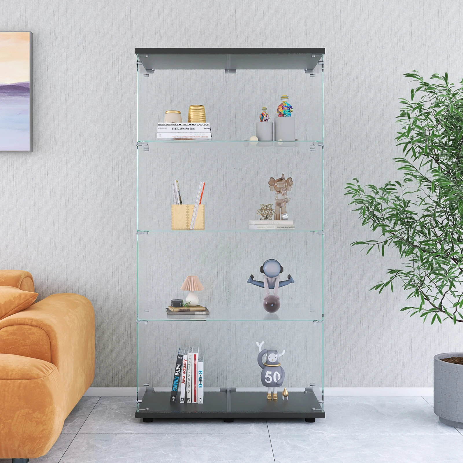 Glasvitrine Standvitrine mit Türen, Vitrinenschrank mit 4 Glasböden aus gehärtetem Glas, Vitrine modern für Wohnzimmer Büro, Sammlervitrine für Bücher Wein Deko, hoher Glasschrank Aufbewahrungsschrank – Detail 2