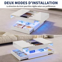 Table basse carrée haute brillance, table de canapé, table basse à plateau coulissant avec double tiroir, style moderne, avec éclairage LED, adaptée au salon, disponible en blanc/noir 6