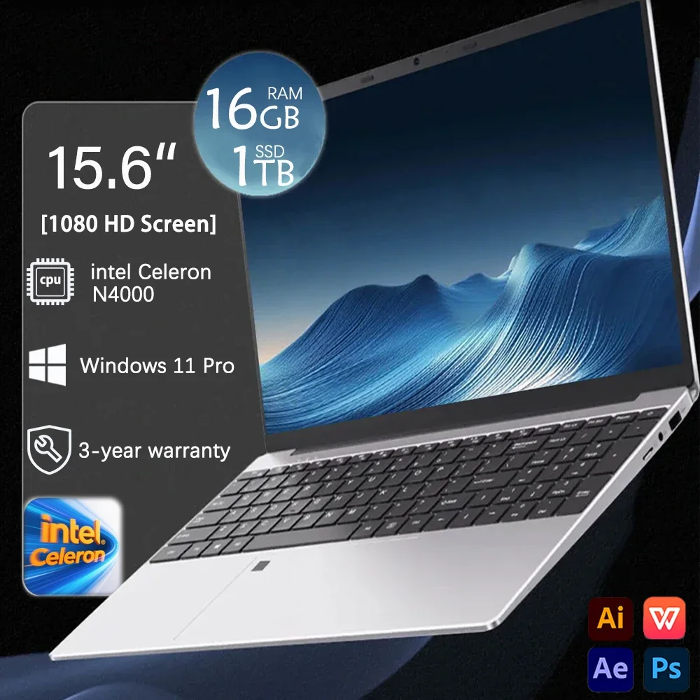 15.6" Fingerprint Unlock laptop Windows 11 Pro Computer Intel Celeron N4000 16GB RAM 1TB SSD Laptops Office Computer PC