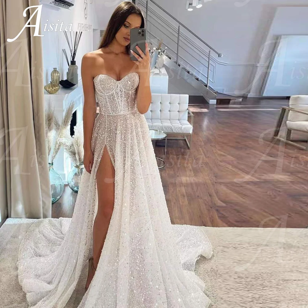 

Sexy Strapless Side Split Wedding Dresses Glitter A-line Bridal Gown Summer Beach Vestidos De Novia свадебное платье