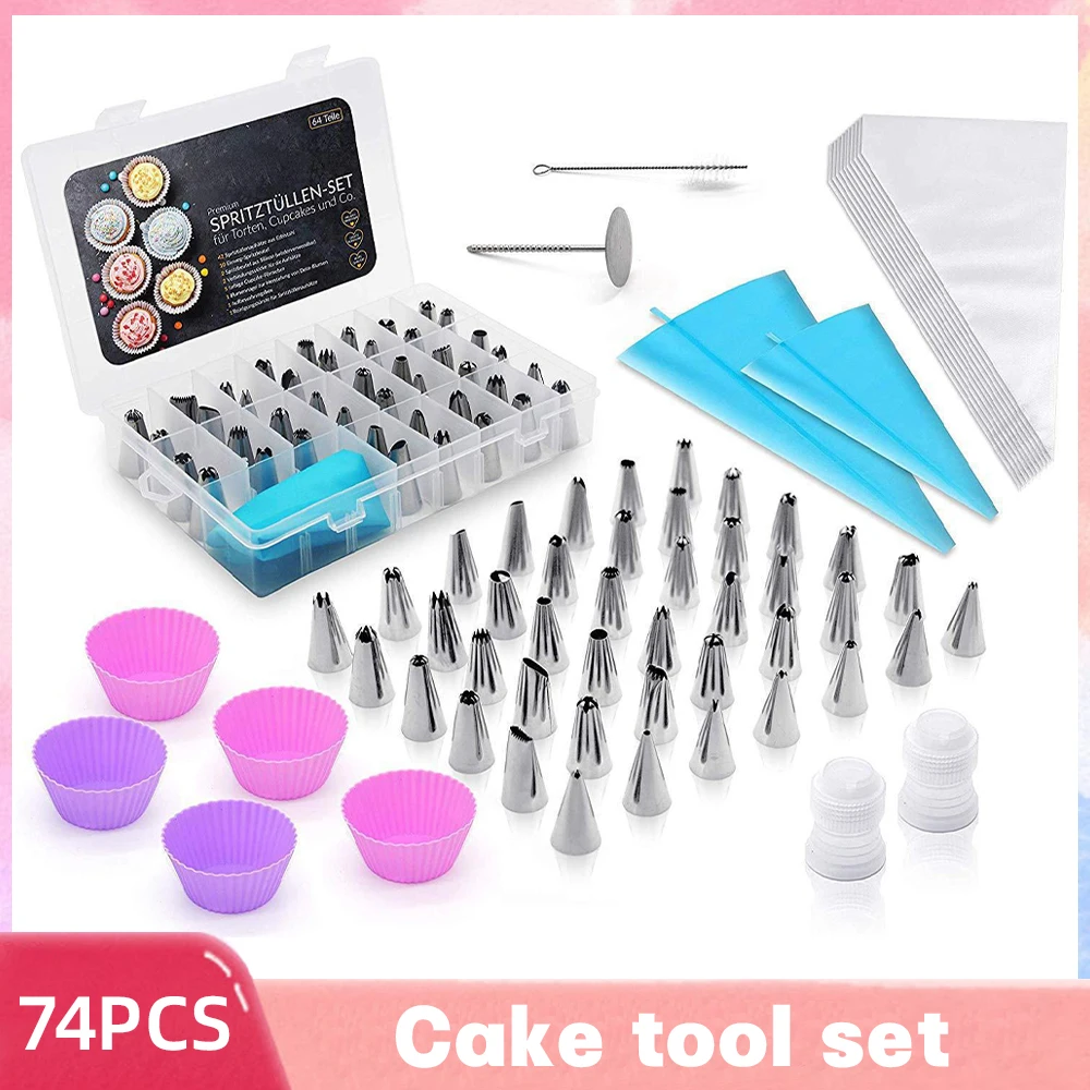 66/74PCS Cake Decorating Tools Professional Set 430 Stainless Steel Pastry Nozzles Storage Box Cream Scraper Silicone Cake Cup