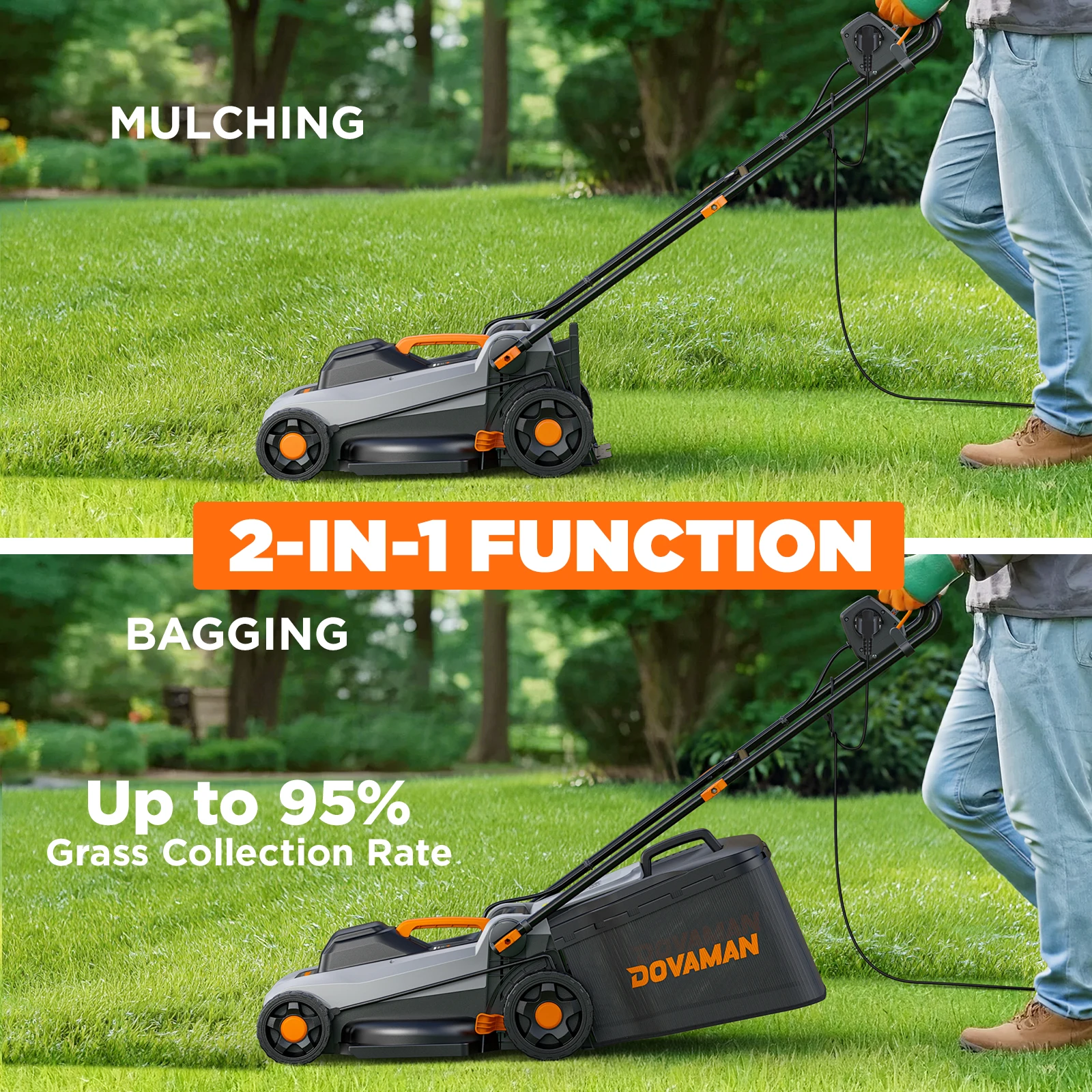 Tosaerba Elettrico DOVAMAN 1500W, Taglio 36cm, Raccolta 95%, 6 Impostazioni Altezza, Cesto Raccoglierba 40L, Funzione 2-in-1 Mulching e Raccolta - immagine 5