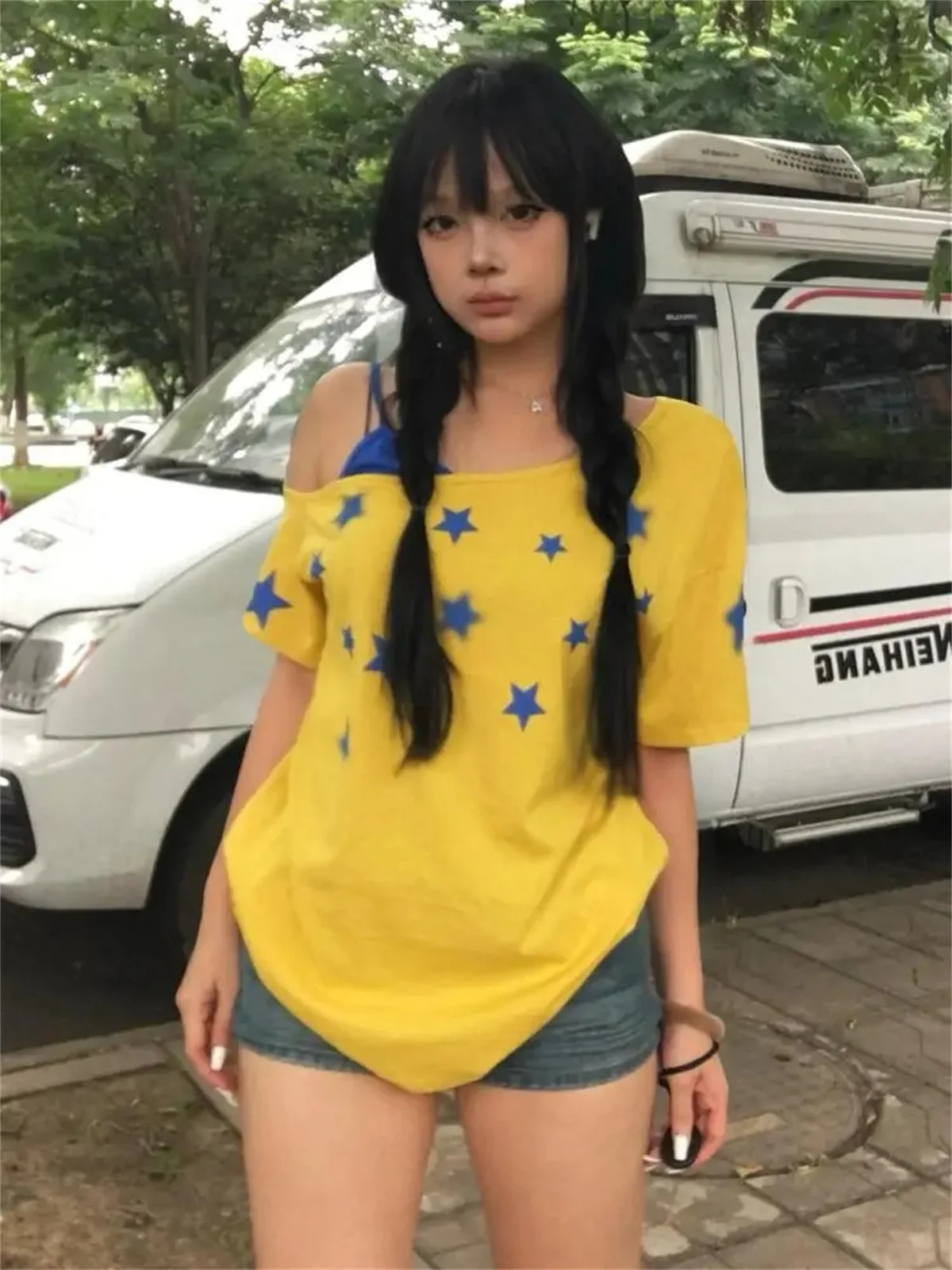 Fashion Yellow Patchwork Women's T-shirt Short Sleeve Summer Tops American Retro Skew Collar Graphic Tee 2000s Clothes Y2k 2