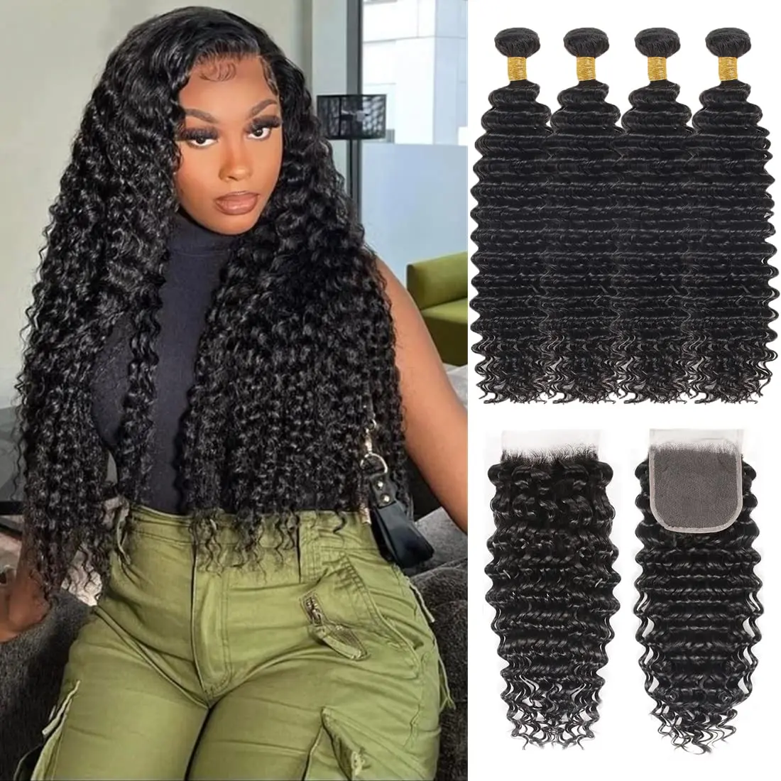 Human Hair Bundles Deep Wave 3 Bundles with 4x4 Lace Closure Baby Hair Pre Plucked Free Part Natural Color #1B human hair bundles