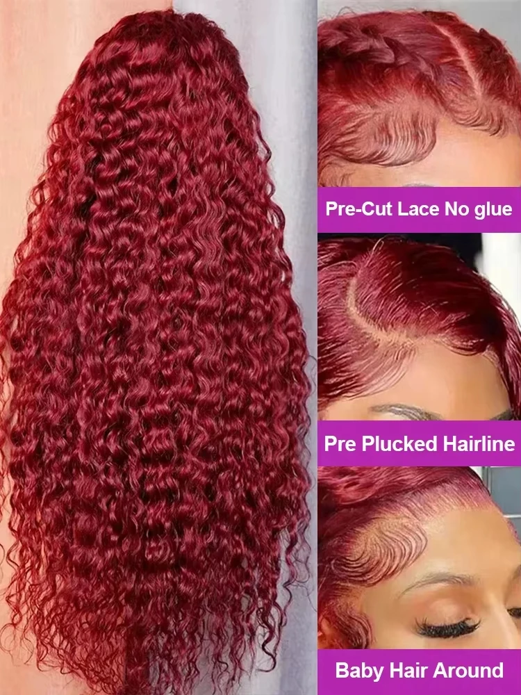 30 40 Inch Burgundy 99j Deep Wave Frontal Wig Colored Curly Human Hair Wigs 200 250 Density Hd Lace Frontal Human Hair Wigs 2