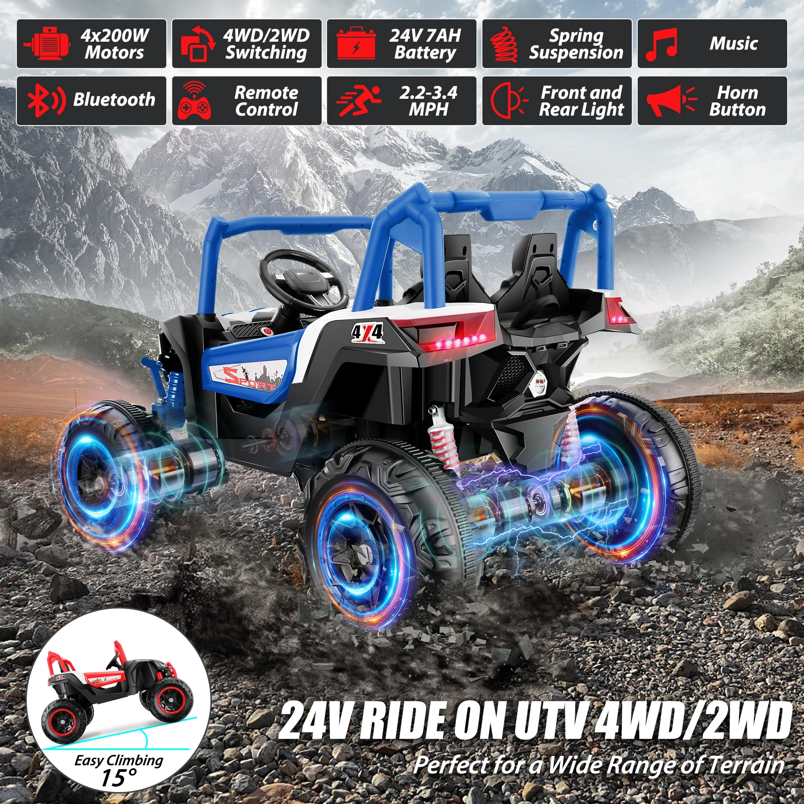 4WD 24V Ride on Toys 2 XL Seater Kids Ride on Cars 4*200W Motor Electric Off-Road UTV 7AH Battery Powered 4-Wheeler Vehicle