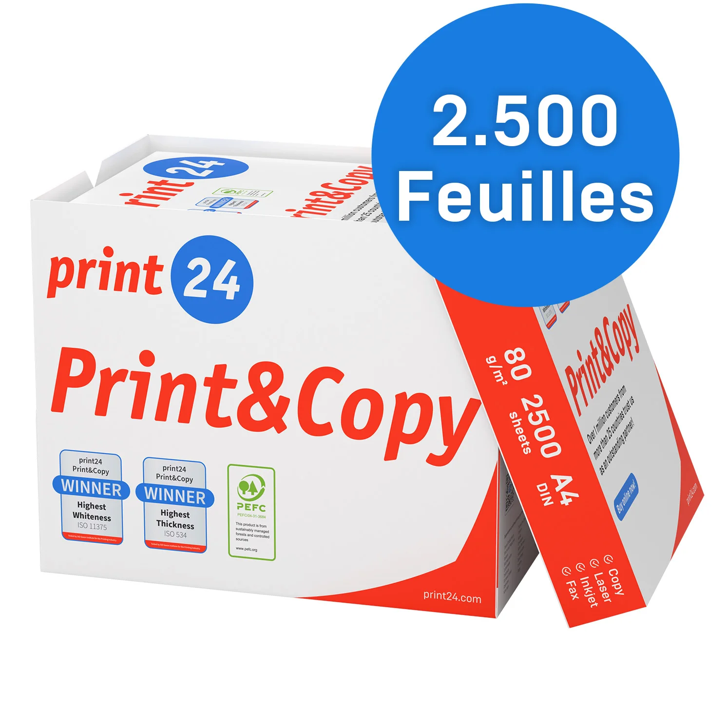 print24 Papier A4 pour Imprimante 2500 Feuilles (5 x 500) – Papier Blanc Premium 80 g/m² Certifié PEFC