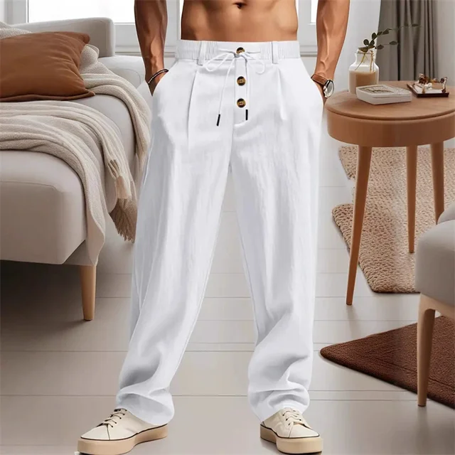 Nouveaux pantalons décontractés en lin respirant pour hommes – Joggers streetwear élégants et pantalons de plage amples à jambe droite 1