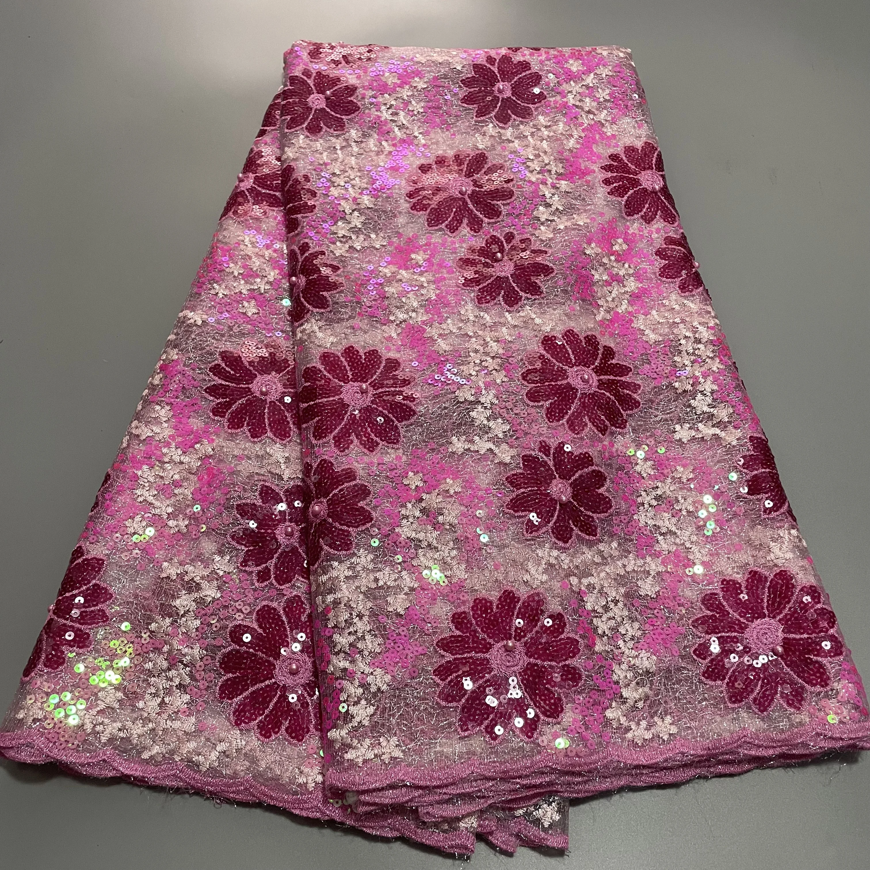Nigerian Sequins Pink Lace Fabric African Guipure French Lace Material 5Yards With 3D Sego Headtie Wrap 2PCS