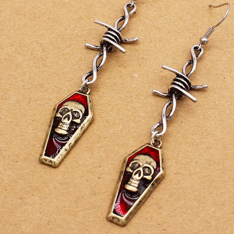 Gothic Dark Collection Barbed Wire Mashup Coffin Skull Bleeding Red Oil Drop Earrings