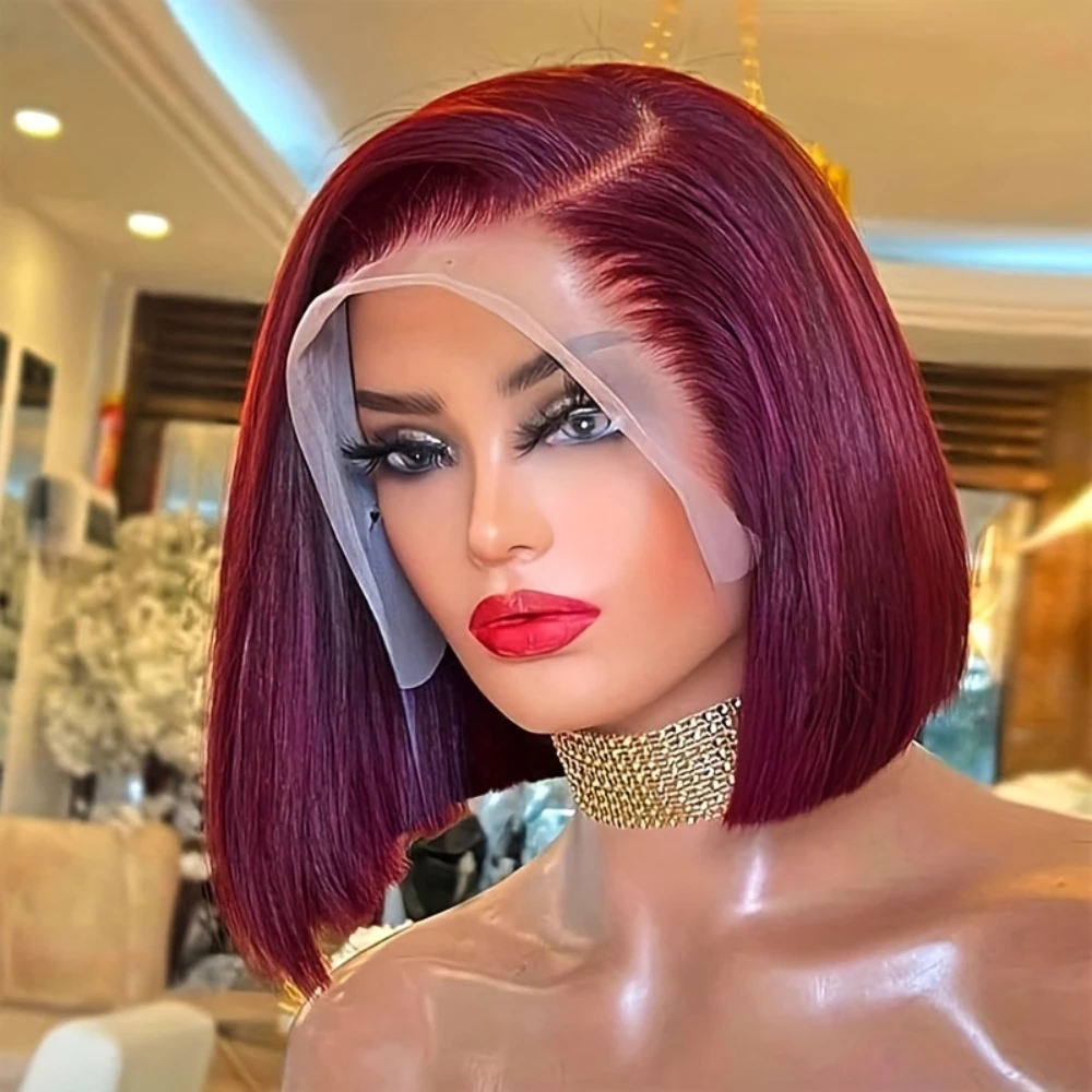 99J Bob Wig 13x4 Lace Front Wig Human Hair Remy Hair Pre Plucked Burgundy Straight Bob Wig Human Hair Short Bob Wig For Women