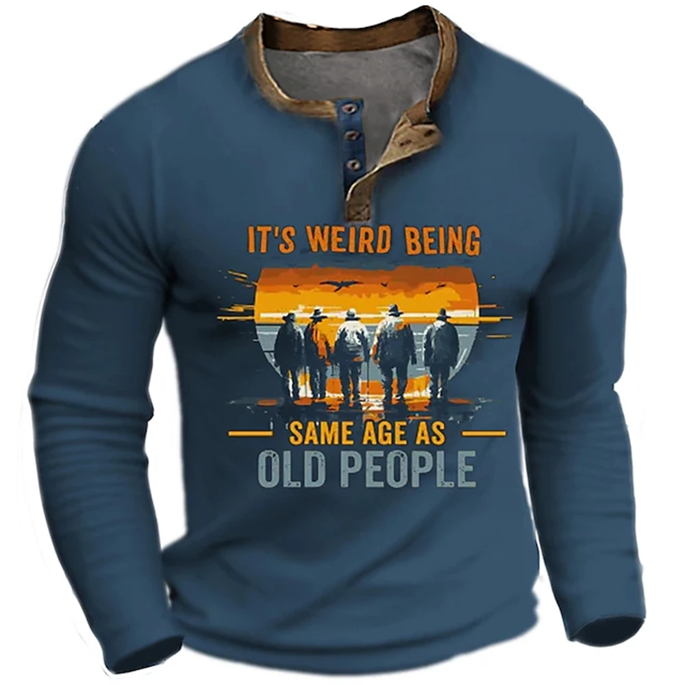 

Fashion T-Shirts for Men Shirts 3D Letter Graphic Clothing Henry Collar Oversized Long Sleeve Tops Streetwear Male Shirts Tees