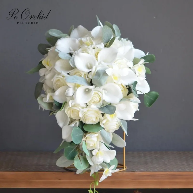 PEORCHID Spring/Winter Ivory Wedding Bouquets Waterfall Greenery Real Touch Flowers Rose Calla Lily Cascading Bridal Bouquet